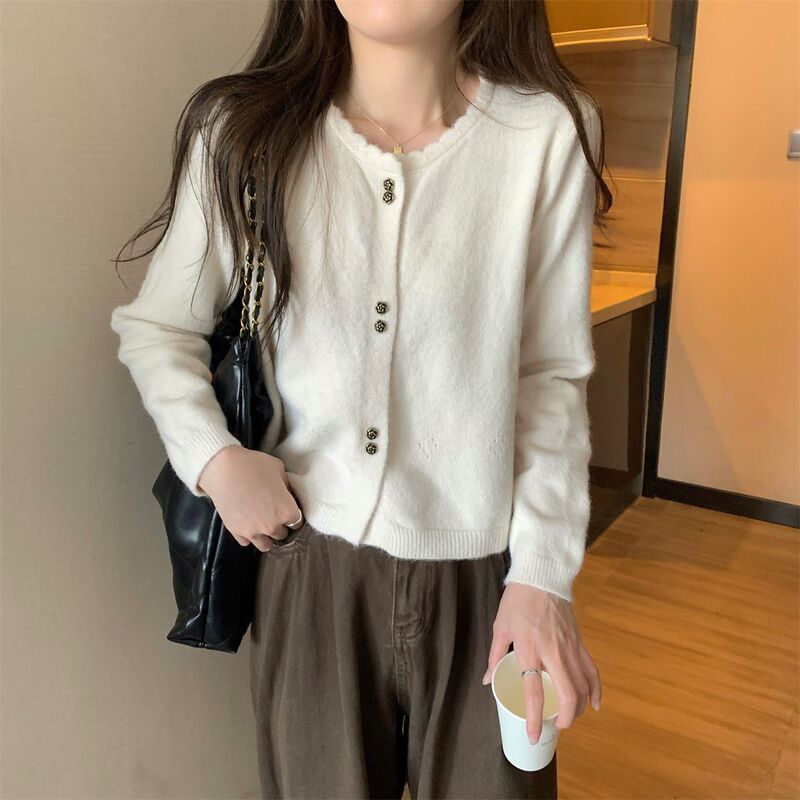 配裙子小个子温柔甜美风短款花边圆领长袖针织衫毛衣开衫外套外穿|undefined