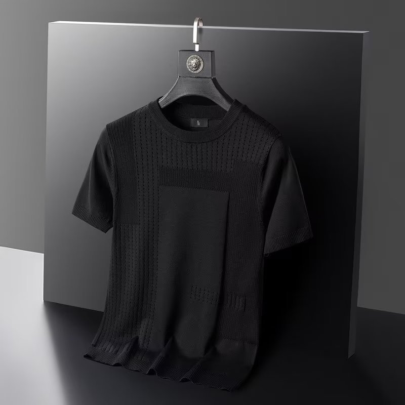 Camiseta de punto de manga corta para hombre, de malla de seda helada, fina, calada, transpirable, suave, de ajuste ceñido y cuello redondo, con tacto refrescante.