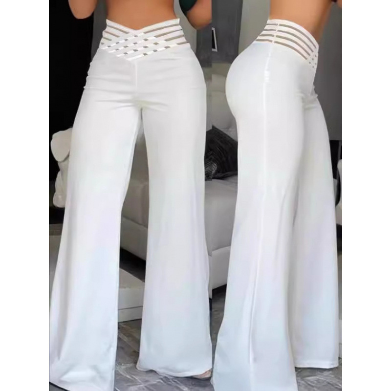 2023 European and American Foreign Trade Women's Hollow-Out Belt Long Pants, Elegant Commuter Flared Pants, High-Waisted Casual Wide-Leg Pants