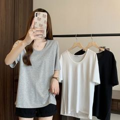 韓国風ゆったり薄手UネックショートスリーブTシャツ レディース 夏万能インナー グレー ゆったりスタイル