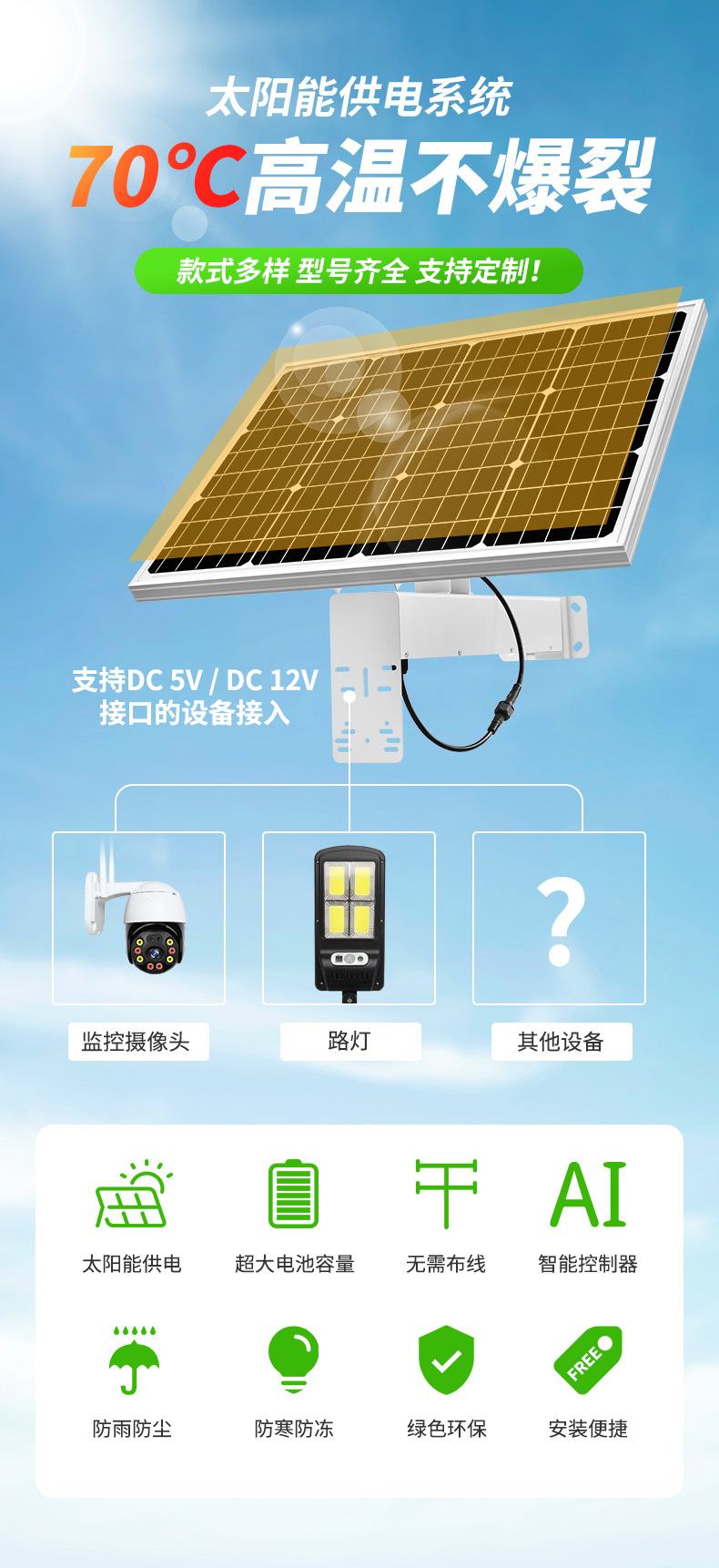 户外5v太阳能充电供电光伏板 跨境单晶硅移动充电宝野外移动电源详情6