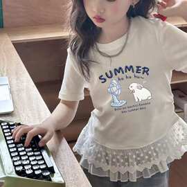外贸批发双蕾丝花边印花公主T恤童装女童短袖夏季新款短袖儿童t