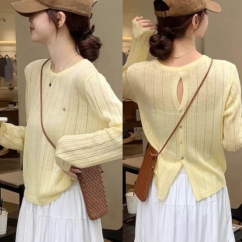 Вязаный свитер с длинными рукавами с полым вырезом из ледяной шелк женский 2025 весна лето новый дизайн солнцезащитный блузка тонкий топ