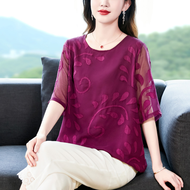 2025 New Round Neck Loose Mid-Sleeve Fashionable Mom Shirt Chiffon…