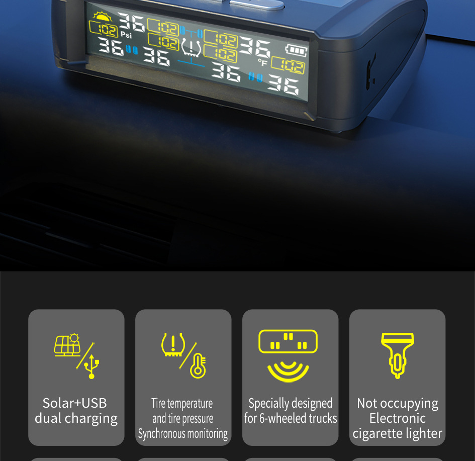 T11-6 Wheel-Mounted Tire Pressure Detector Solar-Powered Tire Pressure Monitoring High-Precision Wireless Rv Tire Pressure Tpms Cross-System