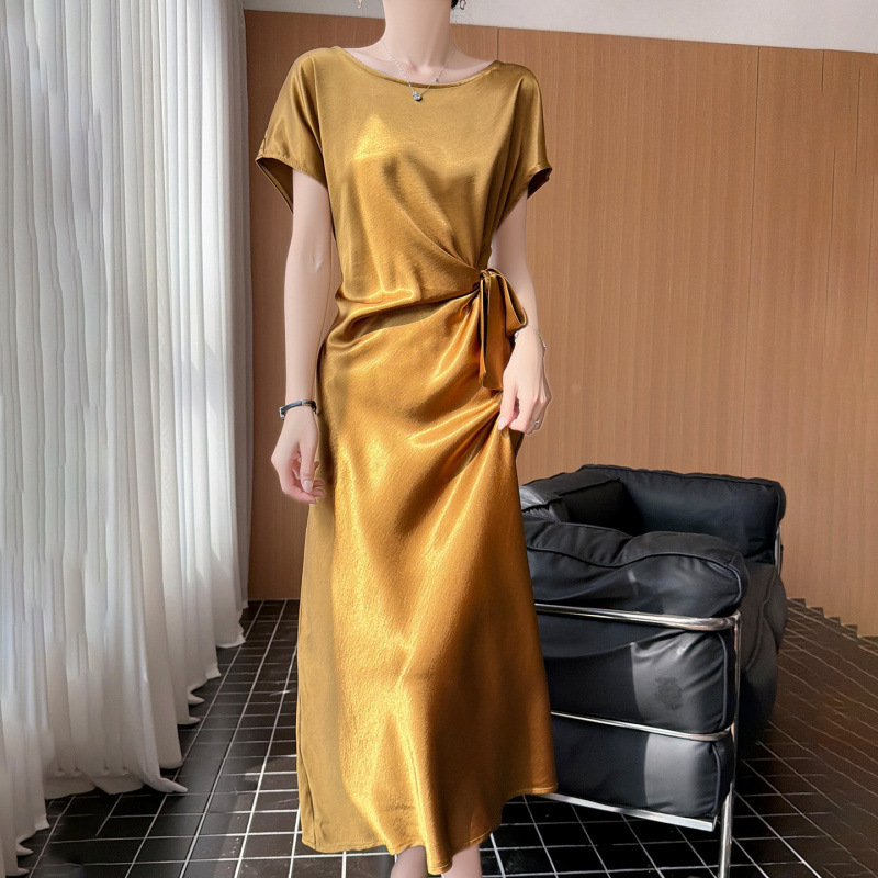 2026 New Style Light Luxury Black Satin Dress Summer Round Neck Short Sleeve Elegant Long Dress Waist-Cinching High-Waisted A-Line Dress 2026 New Style Light Luxury Black Satin Dress Summer Round Neck Short Sleeve Elegant Long Dress Waist-Cinching High-Waisted A-Line Dress