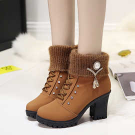 2013年冬季新款棉鞋高跟粗跟短筒短靴毛线口花生扣子女靴棉靴