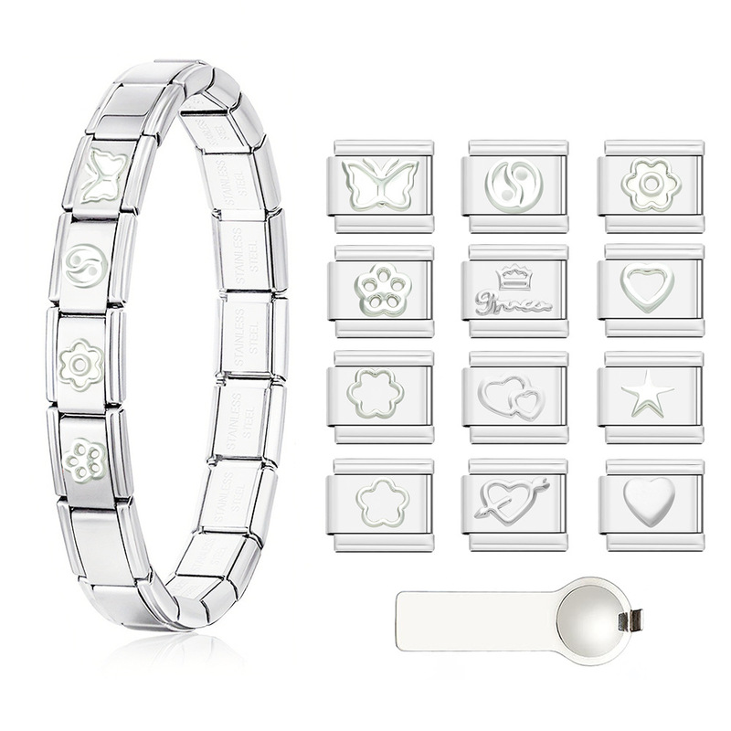 Popular Stainless Steel Italian Modular Bracelet with Silver Butterfly, Heart, and Flower Series Patterns DIY Popular Stainless Steel Italian Modular Bracelet with Silver Butterfly, Heart, and Flower Series Patterns DIY