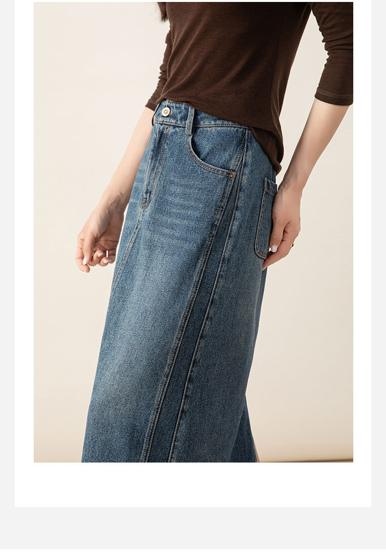 Chân váy denim Lyocell nữ cạp cao dáng A xẻ tà dài trung bình — màu xanh chi tiết 4