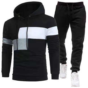 2025 New Autumn and Winter Cross-Border Men's Color Matching Winter Velvet Sweatshirt Suit Long-Sleeved Pants Pullover Hooded