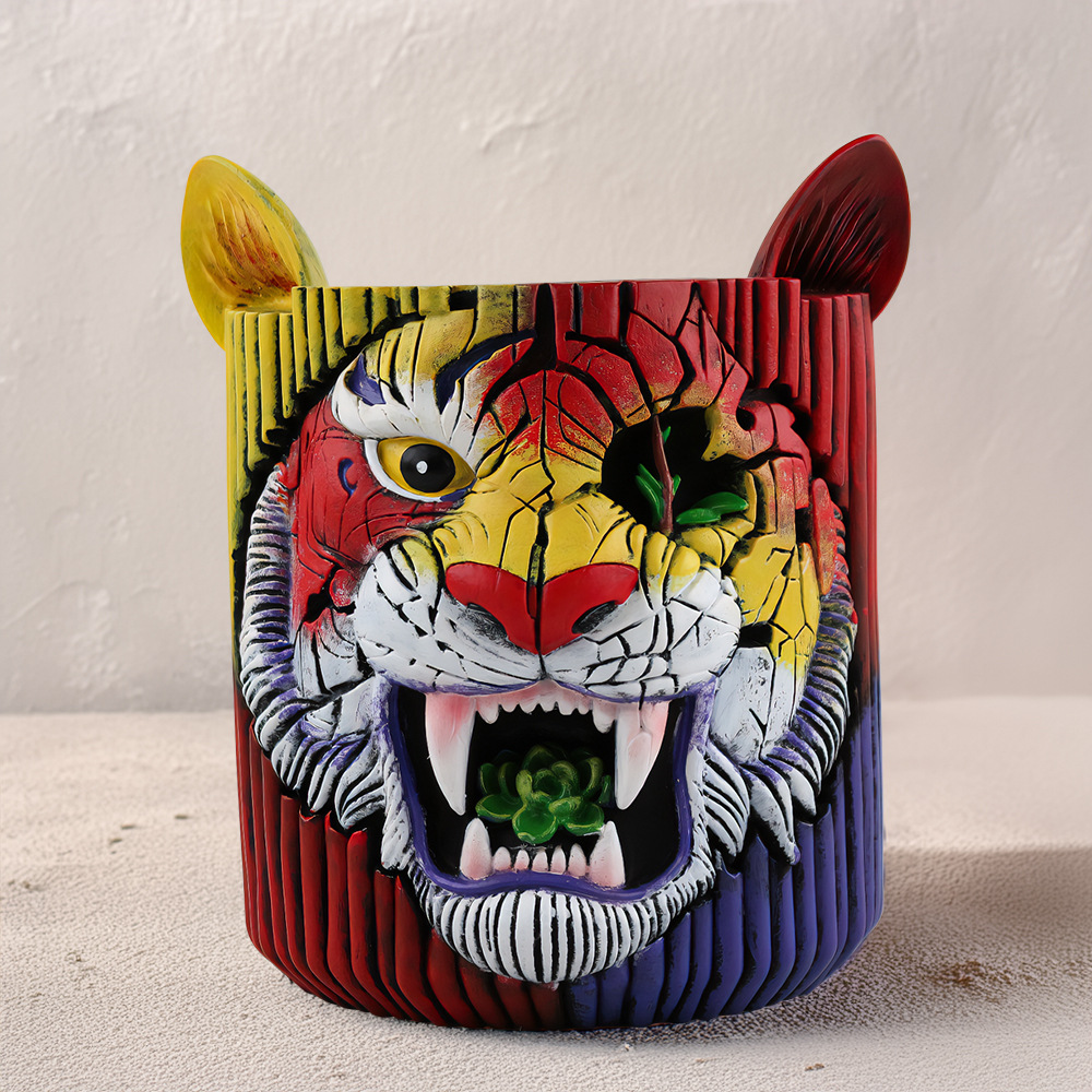  New Creative Colorful Tiger Resin Flower Pot Home Desktop Balcony Hand-painted Art Tiger Face Flower Pot Ornaments