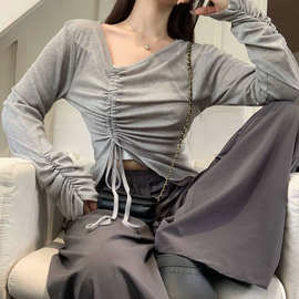 灰色长袖t恤女春秋不规则设计感小众薄款抽绳防晒罩衫外搭上衣ins