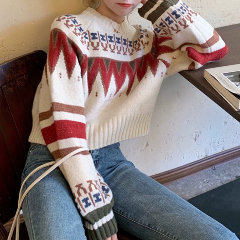 Трансграничная корейская версия ретро свободный ленивый свитер женский 2024 осенний и зимний воротник