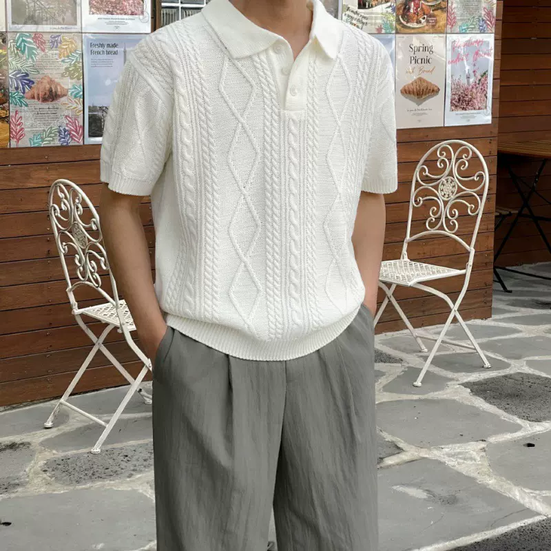 MYQ肌理感针织Polo衫短T男士夏季宽松翻领T恤韩版潮流短袖毛衣