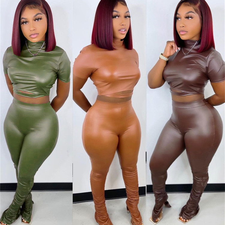 Cross-Border Foreign Trade Women's Clothing, Tight-Fitting Elastic Pu Leather Pants Set, Waist-Exposing Tight-Fitting Sexy Elastic Pants, New Spring Style Cross-Border Foreign Trade Women's Clothing, Tight-Fitting Elastic Pu Leather Pants Set, Waist-Exposing Tight-Fitting Sexy Elastic Pants, New Spring Style