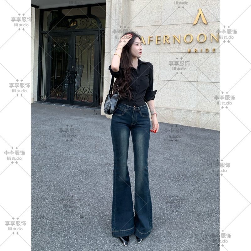 蓝灰色水洗微喇牛仔裤女中低腰2025秋季新款潮流修身显瘦喇叭长裤|undefined