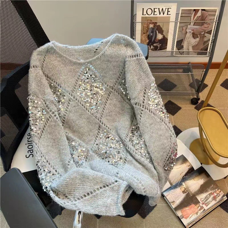 In-Stock Hollow-Out Knit Sweater for Women, New Heavy Sequin Loose Lazy Style Thin Sweater with Long Sleeves and Patchwork Design