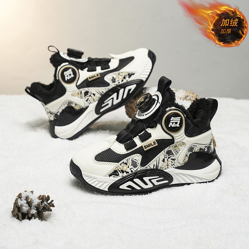 Zapatos de baloncesto antideslizantes al aire libre al por mayor con cuero de invierno de terciopelo, tendencia general, zapatos de botón de calentamiento para niños