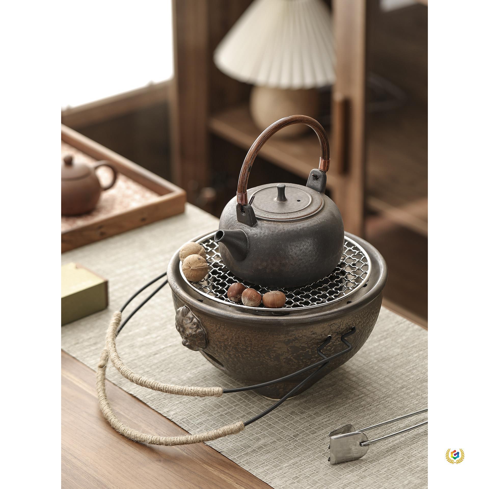 ✅ Rustic ceramic tea pot for home use, small outdoor barbecue, open flame charcoal grill pot, tea pot with handle, set