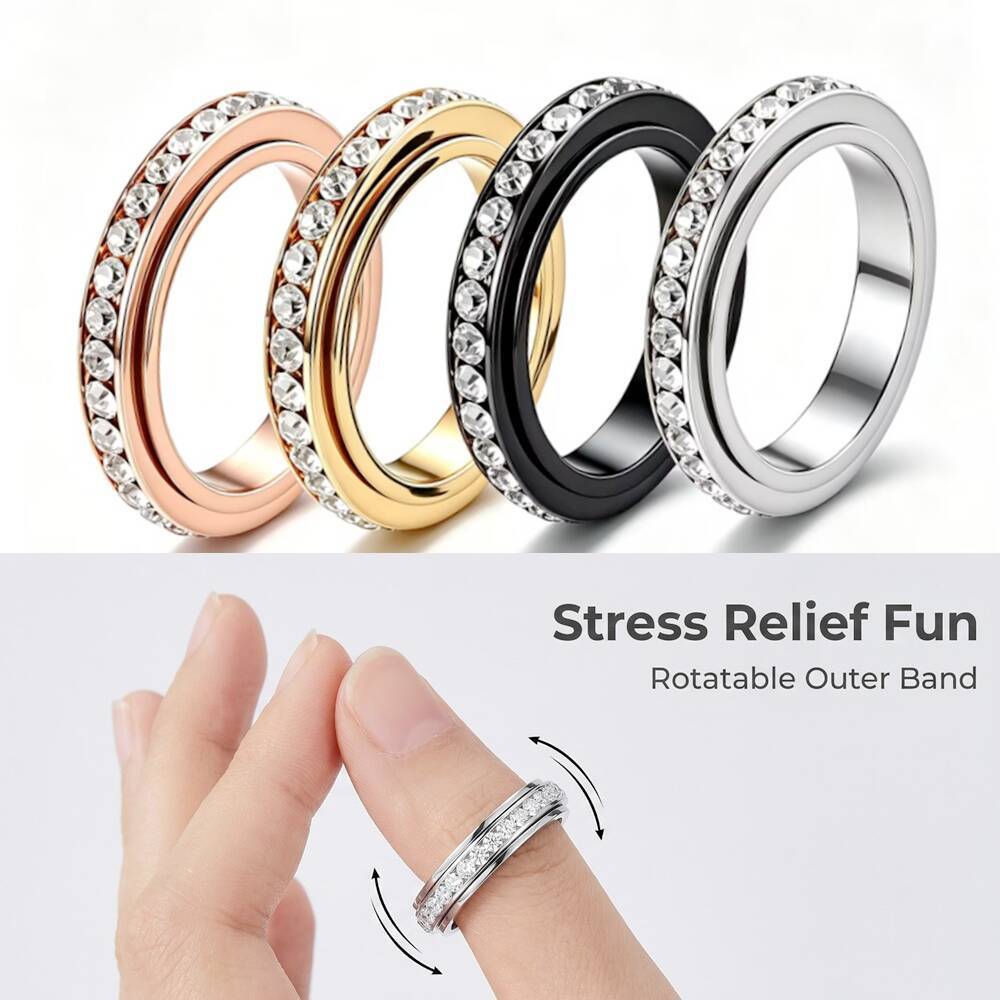 Cross-Border Hot-Selling Single-Row Full Diamond Rotating Titanium Steel Ring for Women, Stylish Stainless Steel Couple's Diamond-Encrusted Ring Wholesale