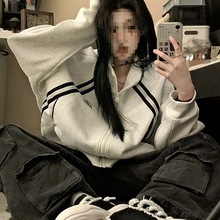 国潮字母刺绣拉链立领外套女秋季新款条纹宽松百搭休闲夹克上衣潮