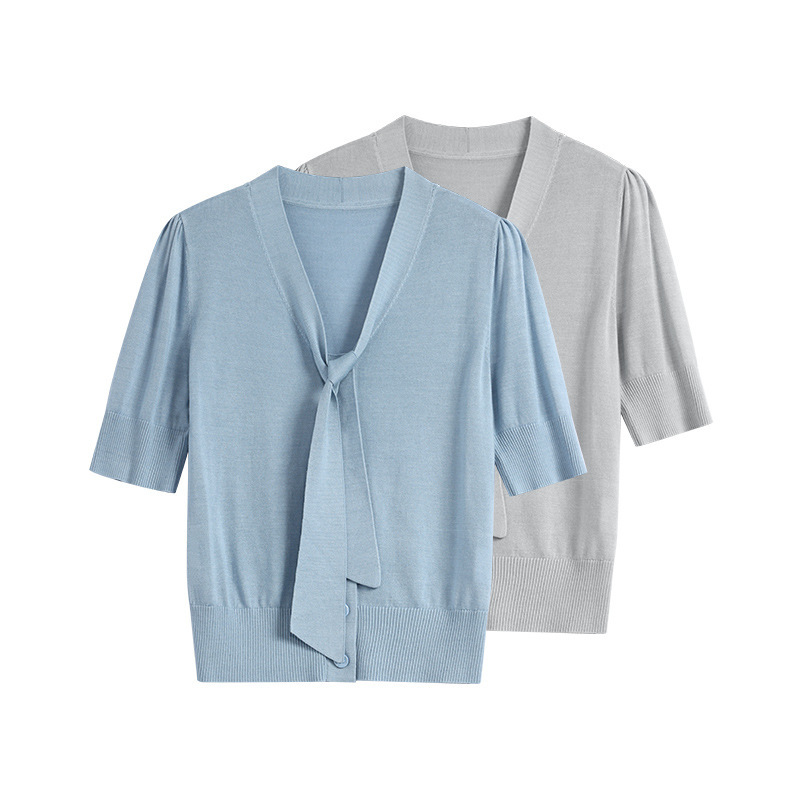 Stylish Scarf Collar Short-Sleeve Solid Color Knit Top for Women, 2026 Summer New Model, Elegant, Age-Reducing, Fashionable, Slimming Top