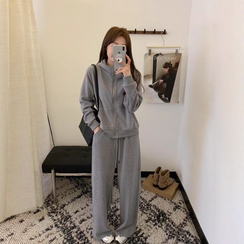 Rice Wool Cashmere Style Sports Suit for Women 2025 Autumn Export High Quality Loose Jacket Wide Leg Pants Two-Piece Set for Women