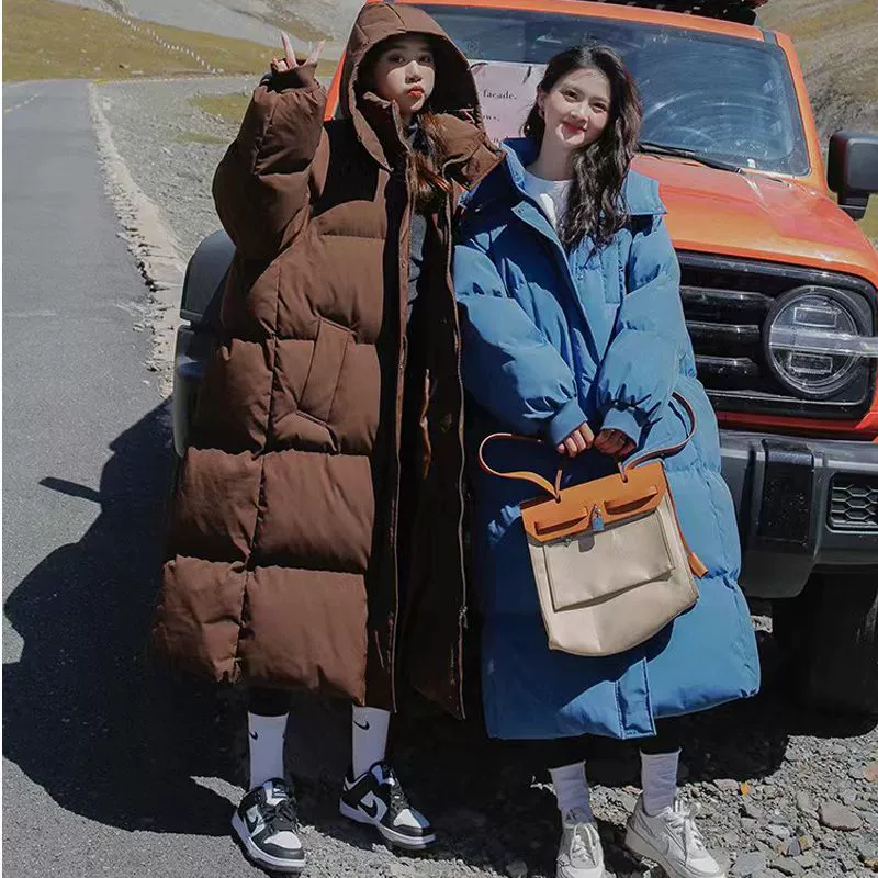 Winter long warm jeans, down jacket with hood, Korean style, mid-length