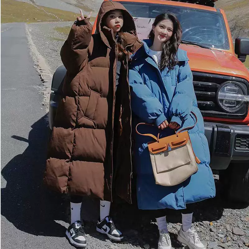 Winter long warm jeans, down jacket with hood, Korean style, mid-length