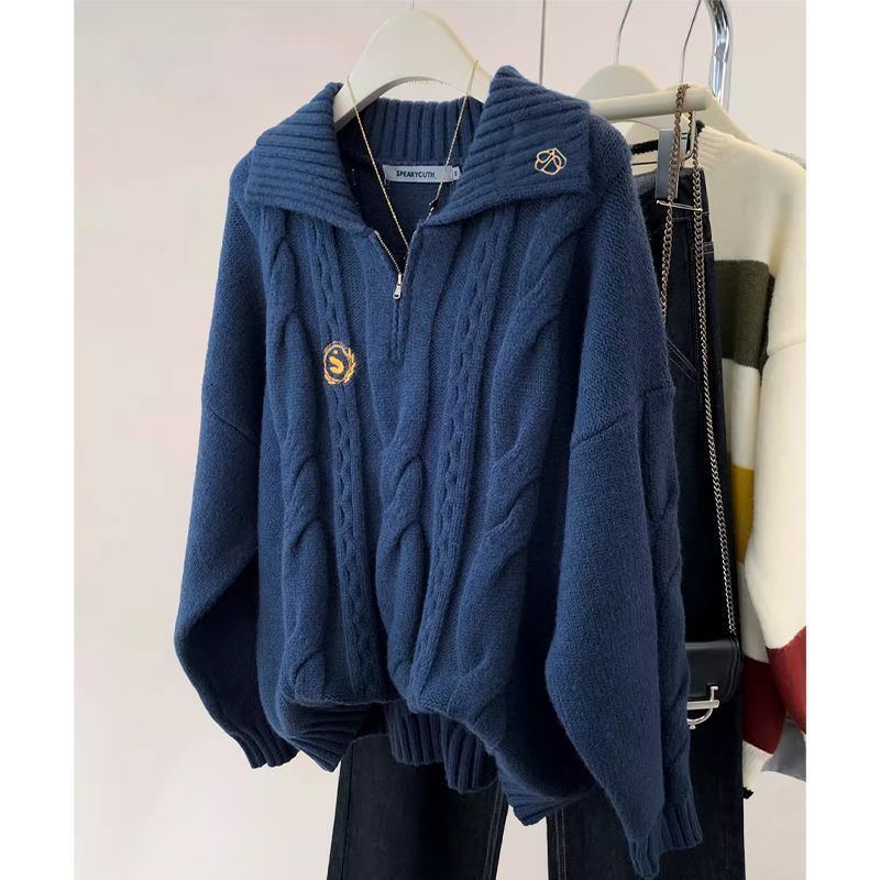 麻花刺绣翻领半拉链套头毛衣女秋冬宽松学院慵懒风软糯百搭新款