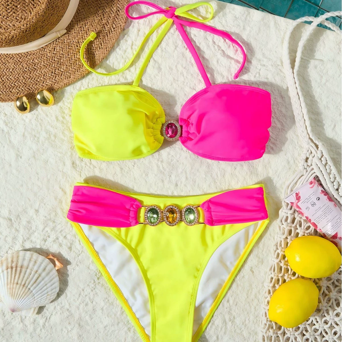 Bra top, split colored swimwear, European style, Amazon