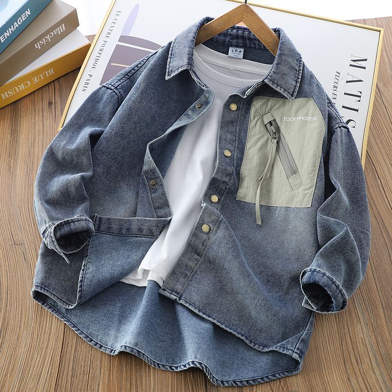Cross-border boys' denim shirt, 2026 new style, fashionable children's shirt, long-sleeved, spring and autumn style, handsome jacket for middle and large children.