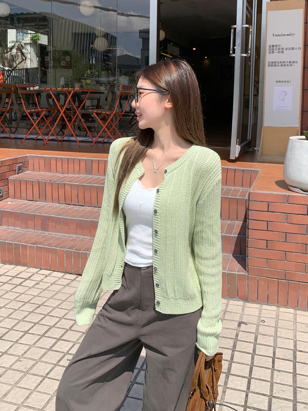 韩系高级感浅绿色圆领针织开衫女2025年秋季新款长袖毛衣外套上衣|undefined