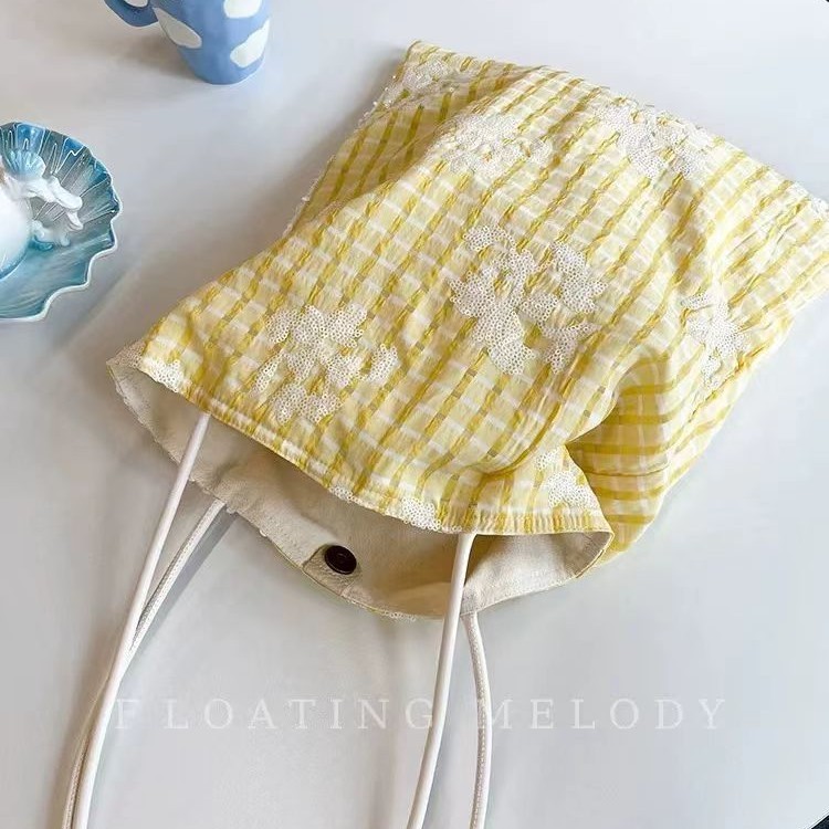 韓国の春夏ガールズイエローとブルーのチェック柄とスパンコール刺繍ショルダーハンドバッグカラーブロックFloatiMelodフローティングムーン|undefined