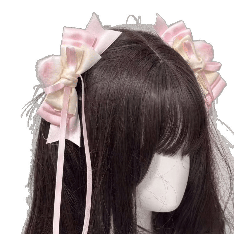 かわいいリボン、甘い女の子の耳のヘアピン、プリンセススタイルの絶妙なヘアアクセサリー、ピンクのヘッドバンド、リボンサイドクリップ|undefined