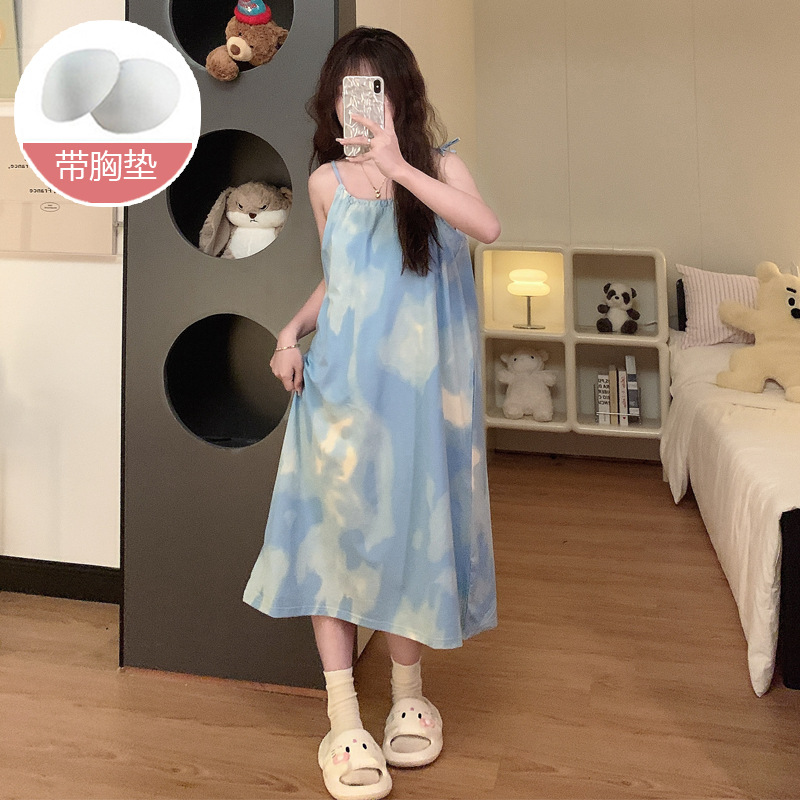 Strappy Suspender Nightgown, Summer Pajamas with Breast Pads, Thin Style That Can Be Worn Outside, Ins Style Sexy and Sweet Summer Home Clothes