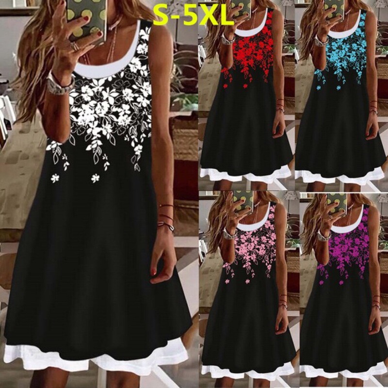 Women's New Fashion Dress Women's Floral Imitation Two-Piece Print Sleeveless Round Neck Dress, 50% off Clearance
