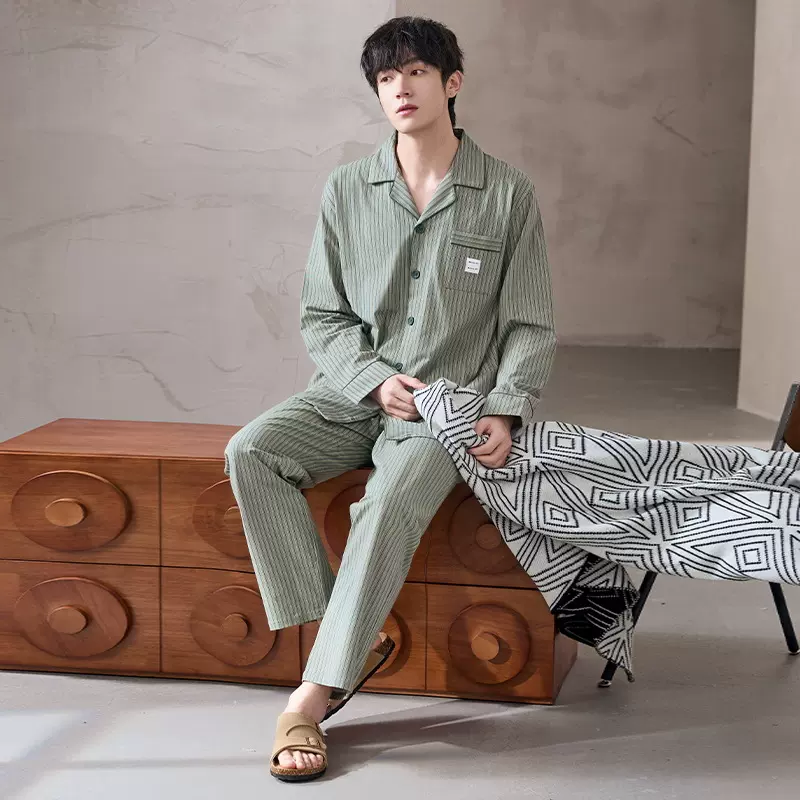 7A抗菌纯棉睡衣男款春秋季时尚条纹长袖长裤套装宽松休闲家居服