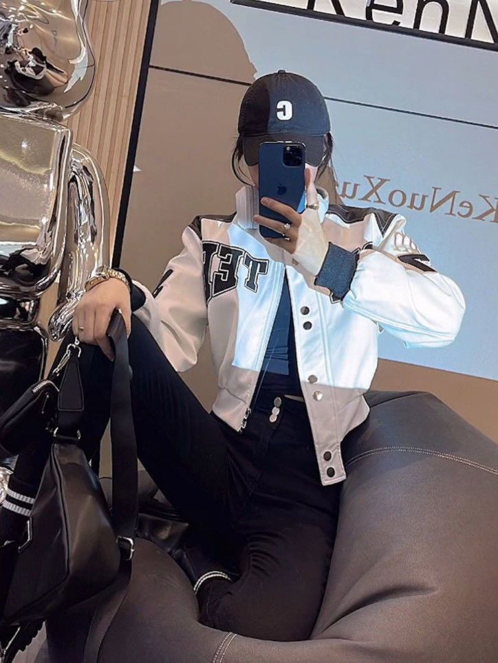 Cross-Border Internet Celebrity Motorcycle Baseball Jacket Leather Coat for Women, New Autumn and Winter Style, Trendy and Cool, Age-Reducing, for Petite Figures