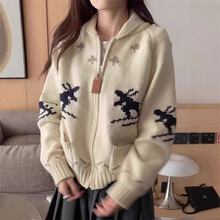 韩国chic冬季复古减龄翻领撞色滑雪人提花加厚长袖针织毛衣外套女