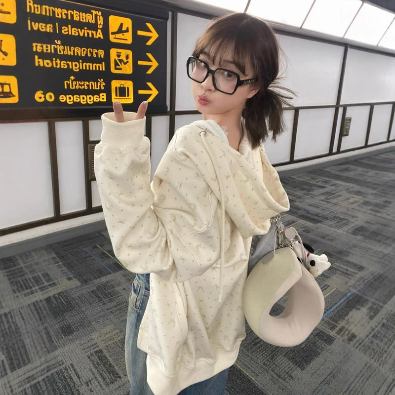 Factory Direct Hooded Sweater Women's Autumn and Winter New Casual Zipper Sports Jacket Lazy Retro Bow Hoodie