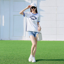 时尚欧美风女上衣印花拼接撞色小清新棉类混纺T桖加工贴牌定制