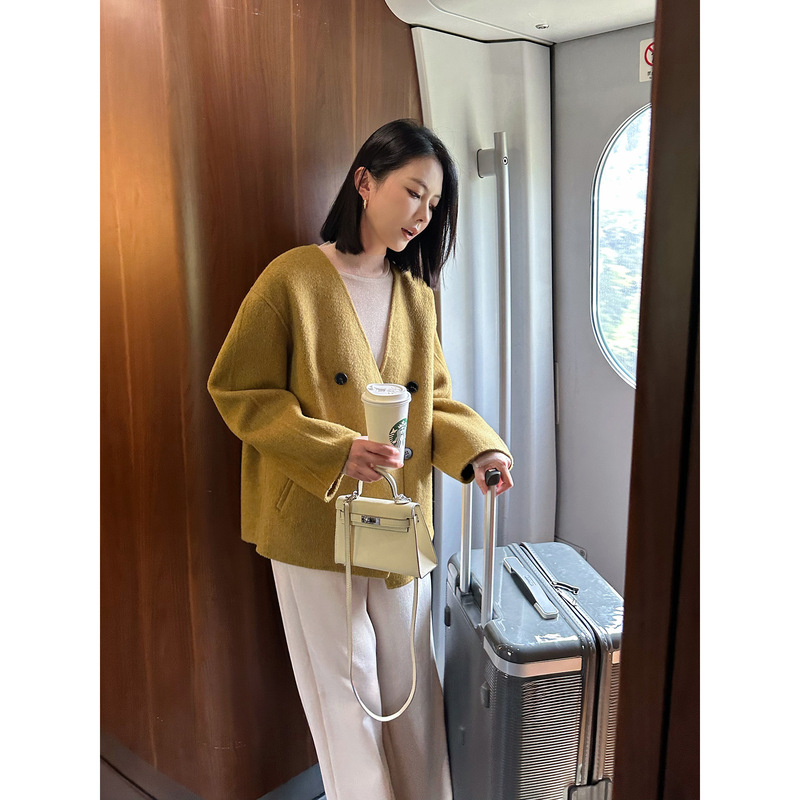2025秋冬新款全羊毛大衣深V领松弛利落双排扣双面呢外套女装上衣|undefined