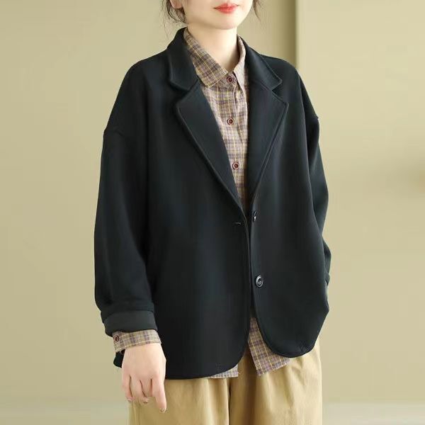 Spring New Style Solid Color Simple Knit Elastic Commuter Versatile Loose Fit Long Sleeve Casual Blazer Black