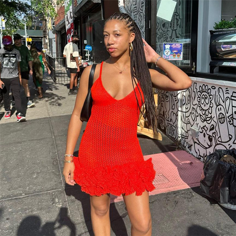 2024 Abito da donna nuovo sexy con bordo auricolare in legno cavo, lavorato a maglia, con fascia avvolgente_voghion.com