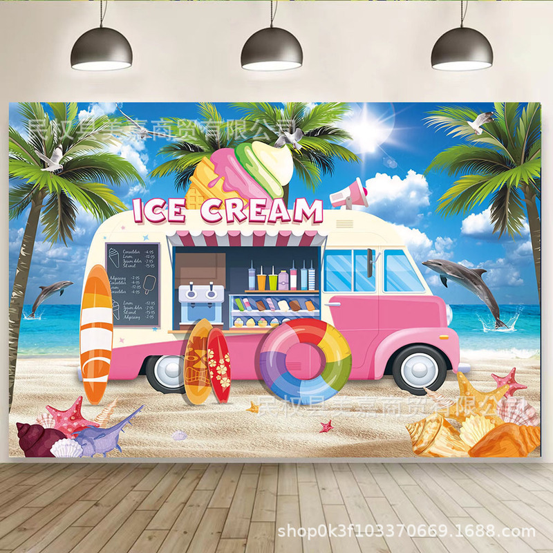 Cross-border Hawaiian Beach Surfing Ice Cream Kidsren's Birthday Background Cloth Outdoor Holiday Party Background Cloth Photography