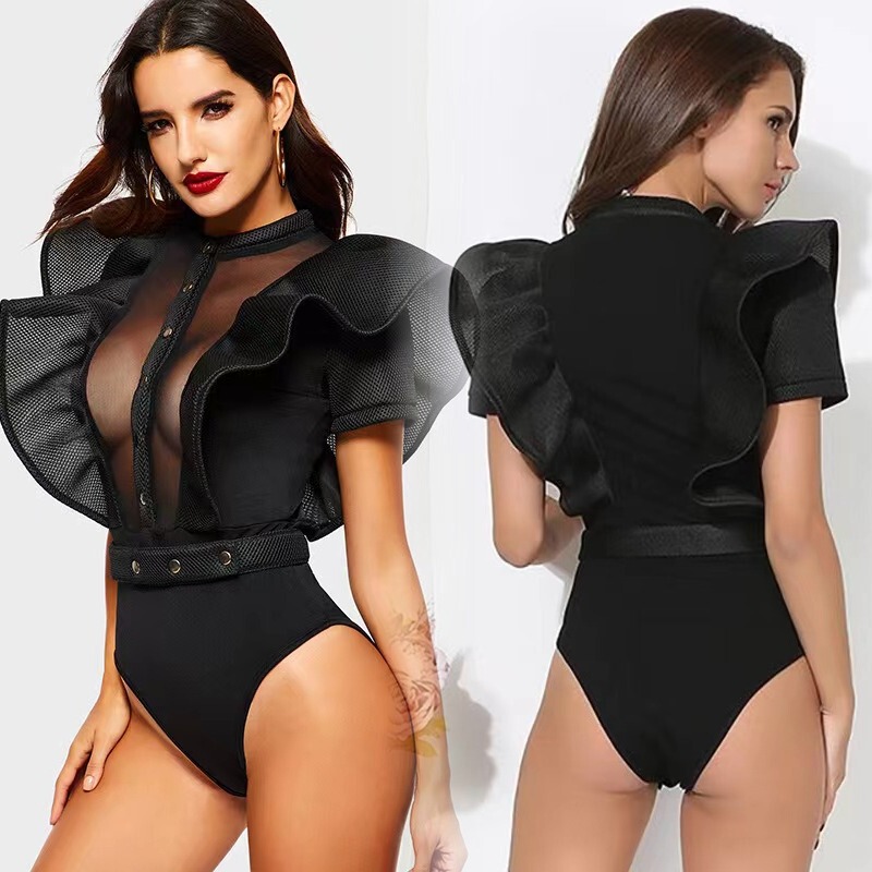 Hx0255 Amazon European and American Ruffled Sleeves Sexy Sexy Jumpsuit Sexy Slimming Look Jumpsuit