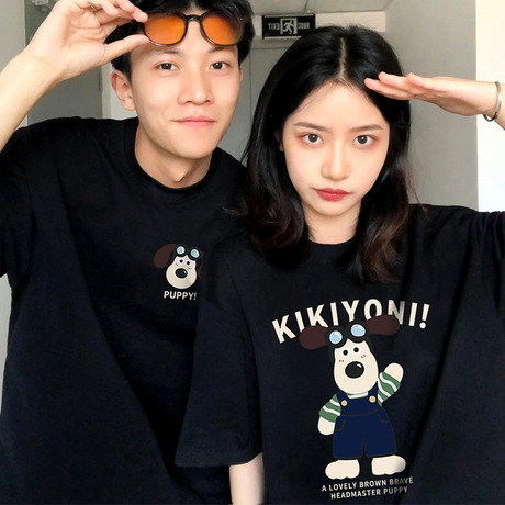 夏季韩版圆领小狗印花重磅纯棉不一样情侣装男女大码学生短袖T恤