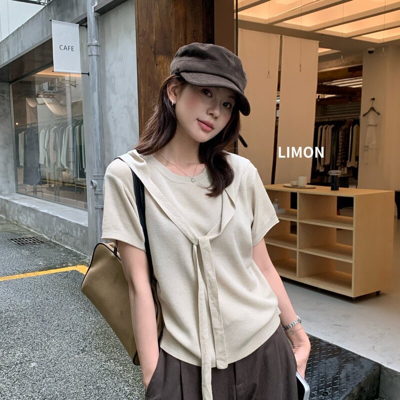 THE LIMON Lemon Green Tea 2026 Autumn Korean Style Lace-Up Knit Sweater for Women with Shawl Collar Design