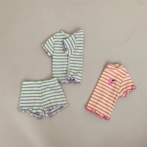 Korean style infant and toddler striped fungus set with grape fruit round neck for walking, comfortable and versatile two-piece set